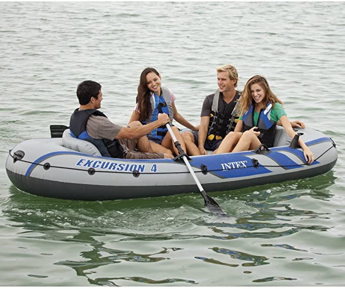 Intex Excursion 4, 4-Person Inflatable Boat Set with Aluminum Oars and High Output Air Pump - Perfect for Lakes, Rivers and the Sea