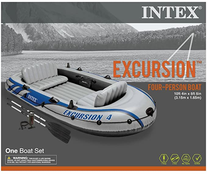 Intex Excursion 4, 4-Person Inflatable Boat Set with Aluminum Oars and High Output Air Pump - Perfect for Lakes, Rivers and the Sea