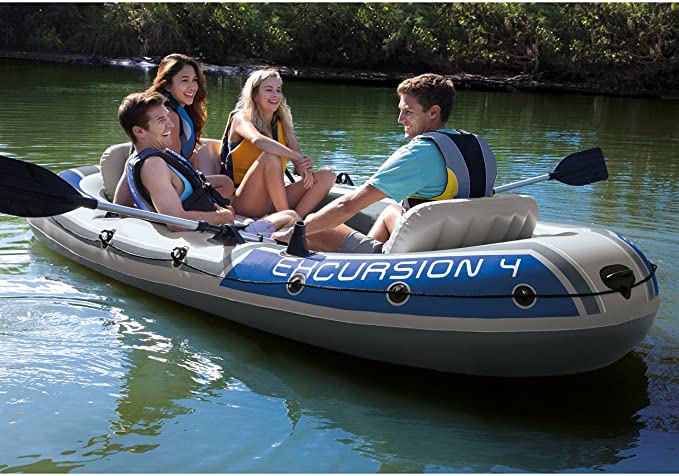 Intex Excursion 4, 4-Person Inflatable Boat Set with Aluminum Oars and High Output Air Pump - Perfect for Lakes, Rivers and the Sea