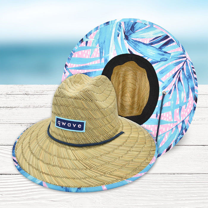 Qwave Women's Straw Lifeguard Hat - Pink & Blue Palm Print