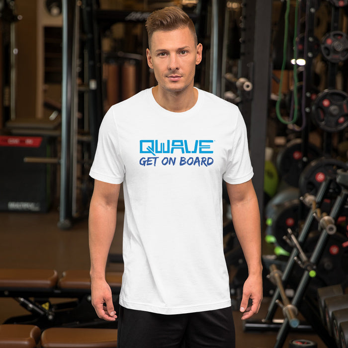 Qwave "Get On Board" Short-Sleeve Unisex Premium T-Shirt | Bella + Canvas  (Blue Script)